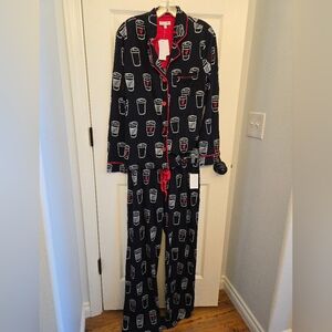 PJ Salvage Black Pajama Set with Red and White Cup Design